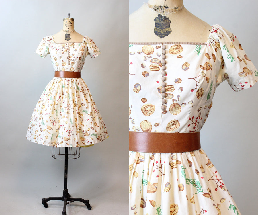 1950s NUTS PINE BERRY novelty print cotton dress xs | new fall
