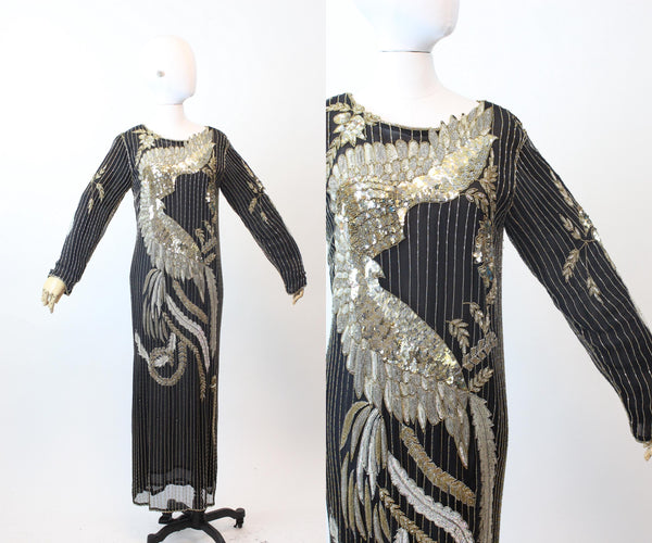 1980s PHOENIX BIRD beaded sequin dress medium