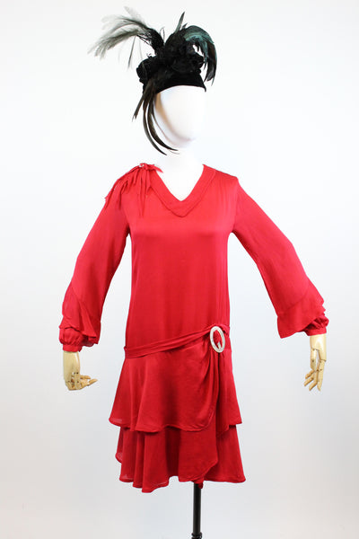 1920s Ruffled Tissue Red Silk Dress Xs
