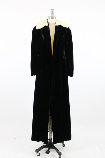 1930s silk velvet long coat xs  | dressing robe ermine fur collar