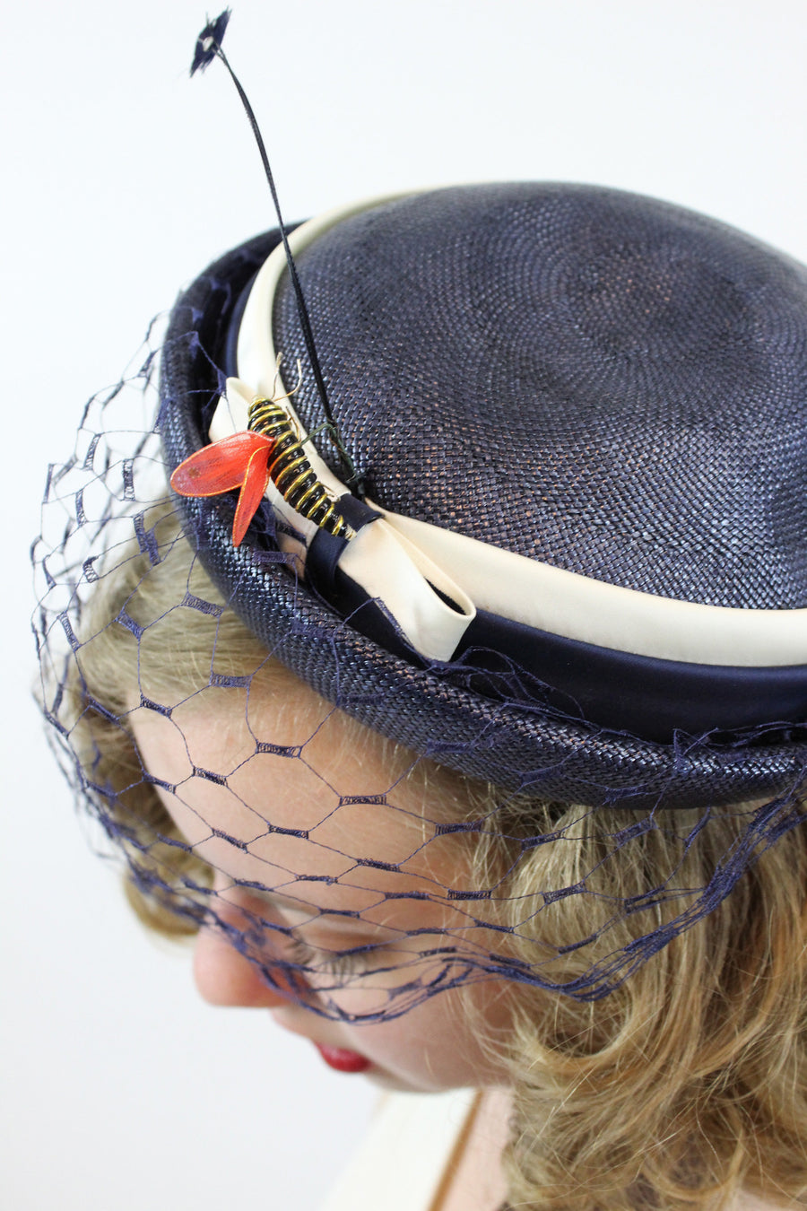 1960s straw tilt hat | vintage feather and bee fascinator