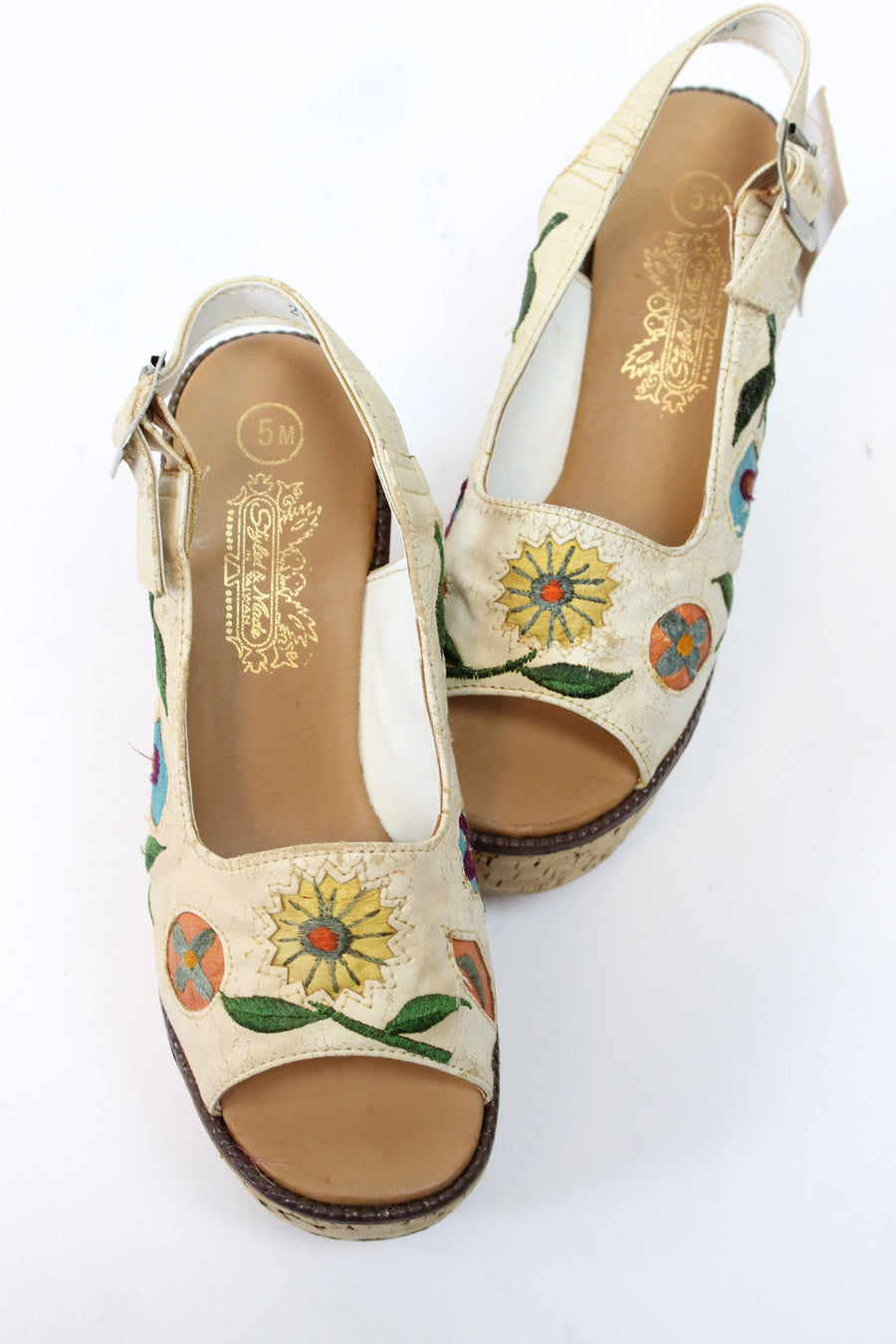 1970s cork platform shoes | deadstock leather floral sandals | size 5 us