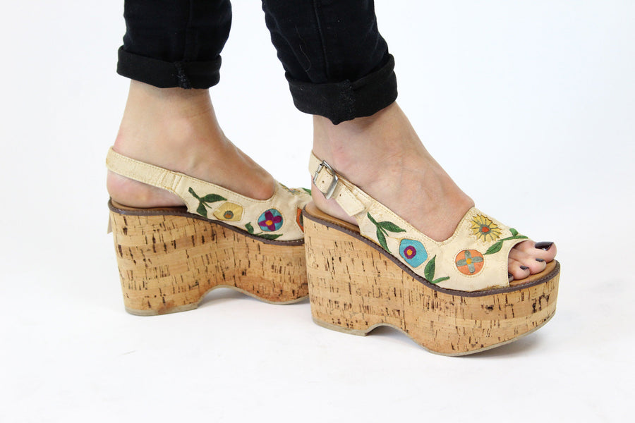 1970s cork platform shoes | deadstock leather floral sandals | size 5 us