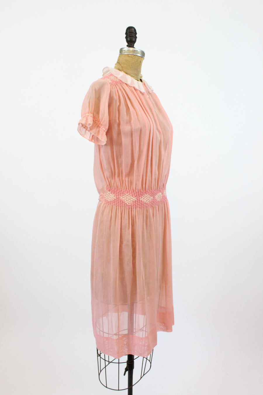 1920s cotton day dress xs small | vintage smocked dropwaist dress