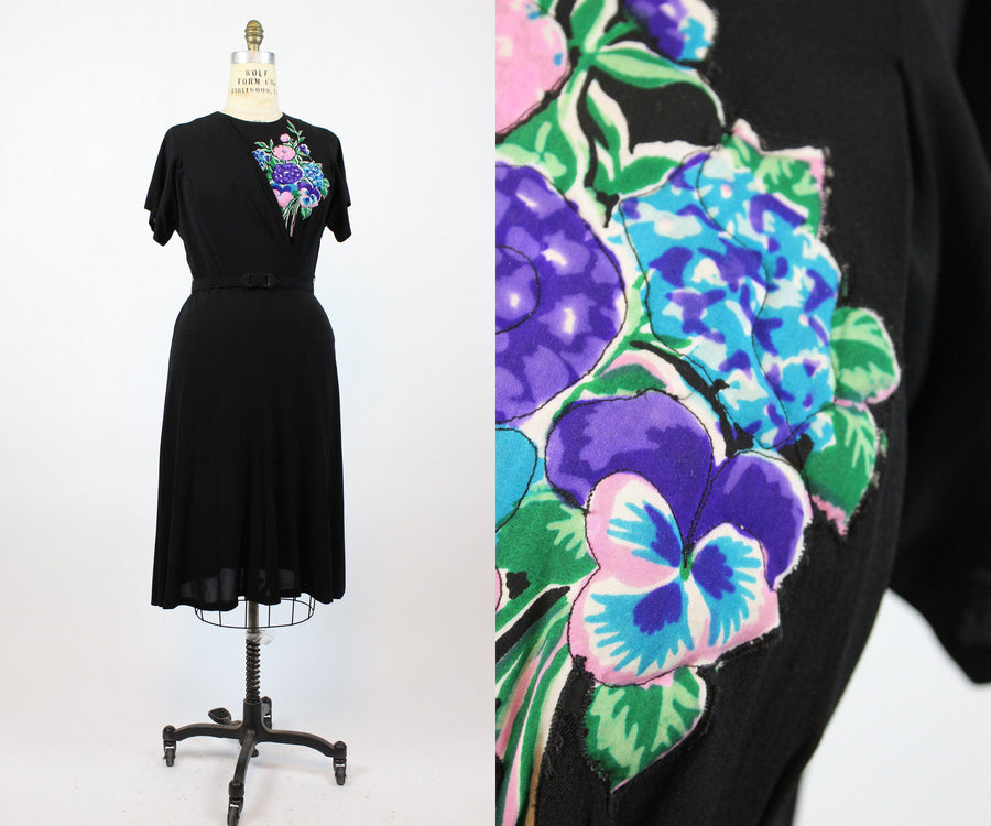1940s quilted applique rayon dress large | new fall