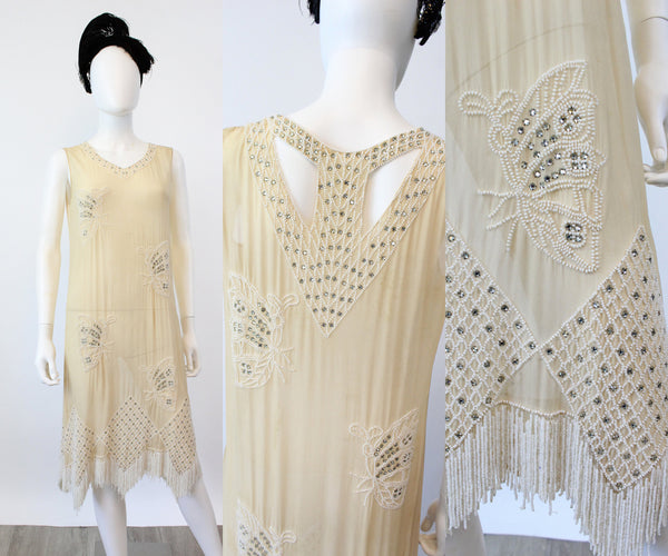 1920s rare BUTTERFLY beaded RHINESTONE dress small | New fall