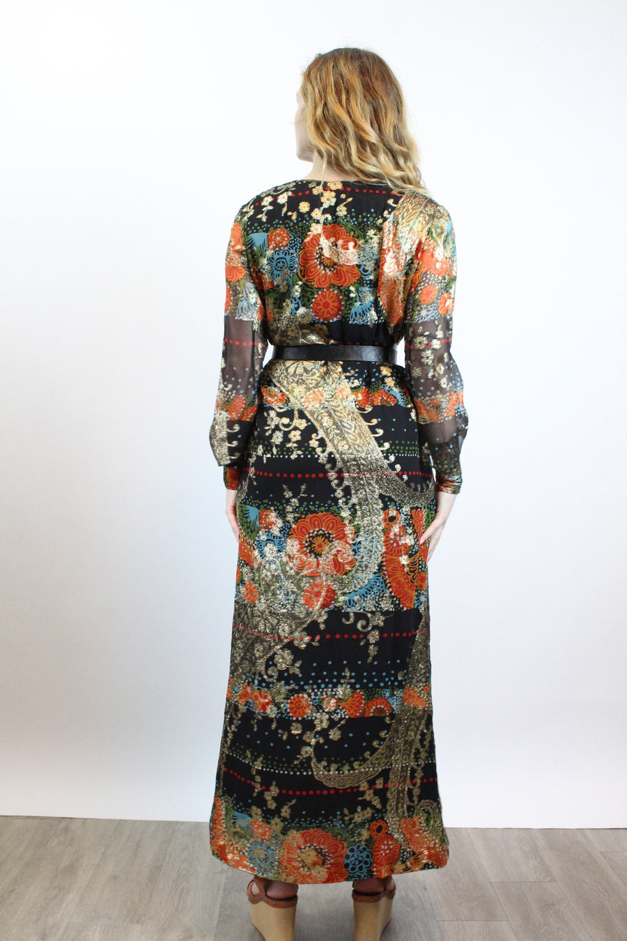 1970s MARTHA Palm Beach silk CAFTAN metallic maxi dress large | new spring