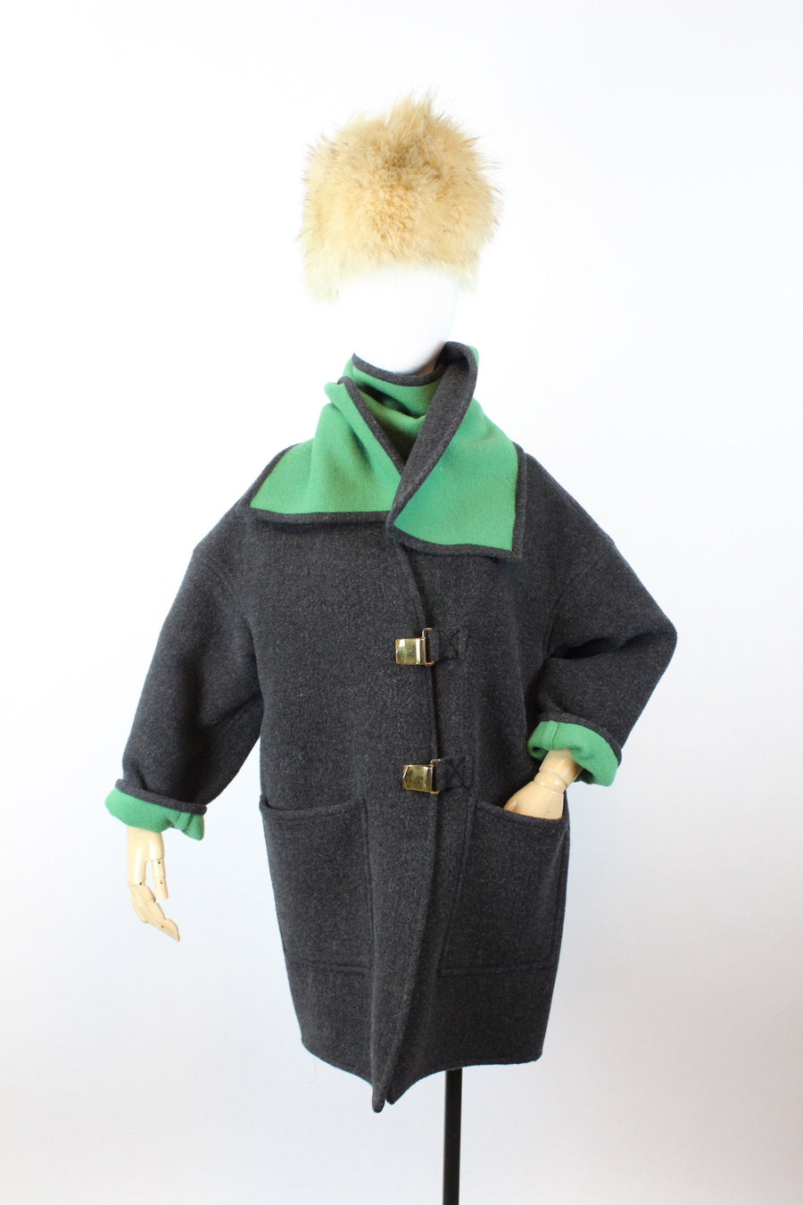 1960s double faced GREEN GRAY gold buckle coat small - large | new winter