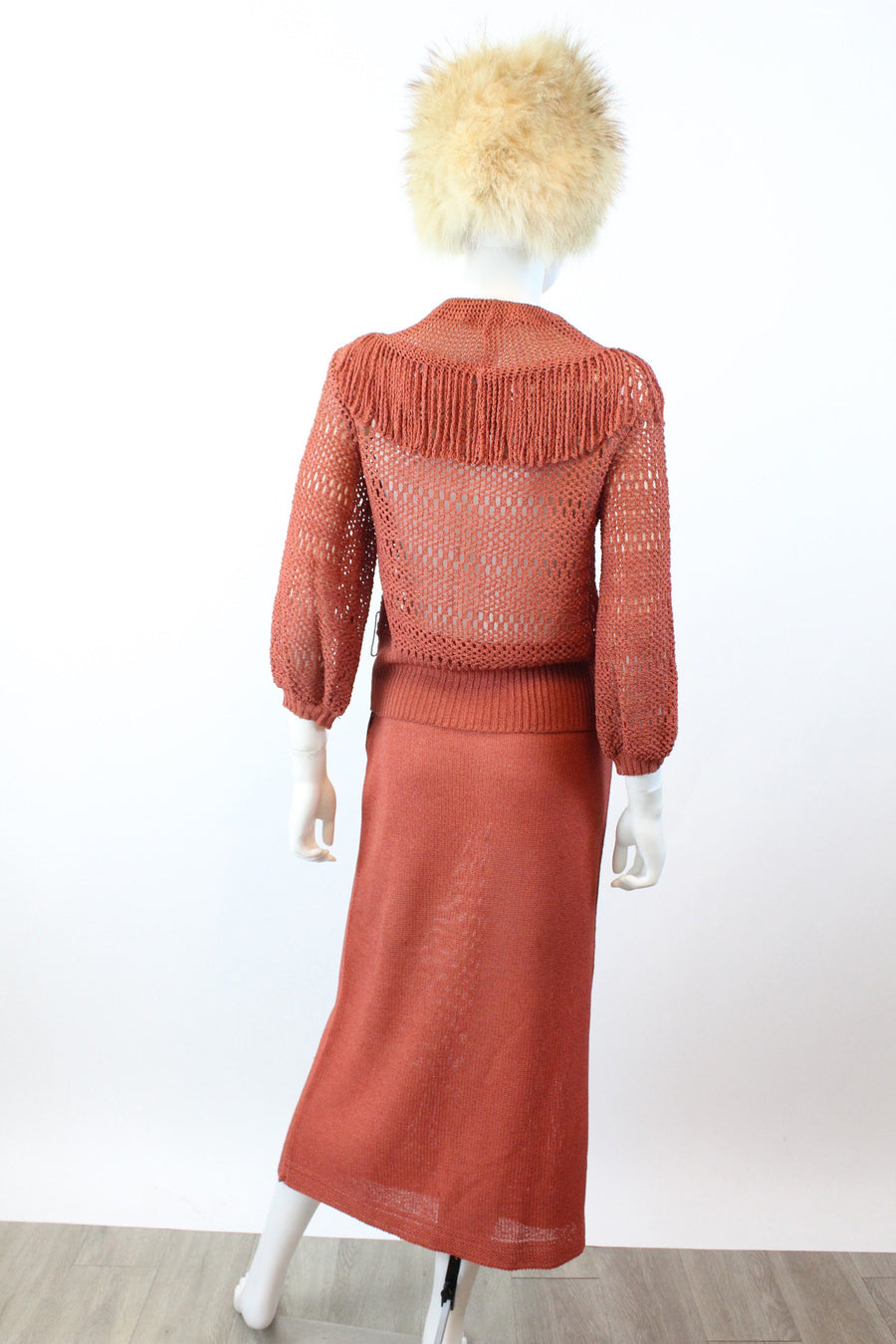 1930s terra cotta KNITWEAR CROCHET sweater and skirt set small medium | new winter