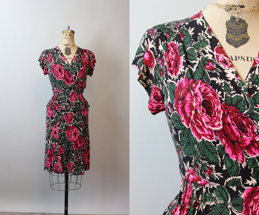 1930s ROSE PRINT rayon jersey dress xs | new spring