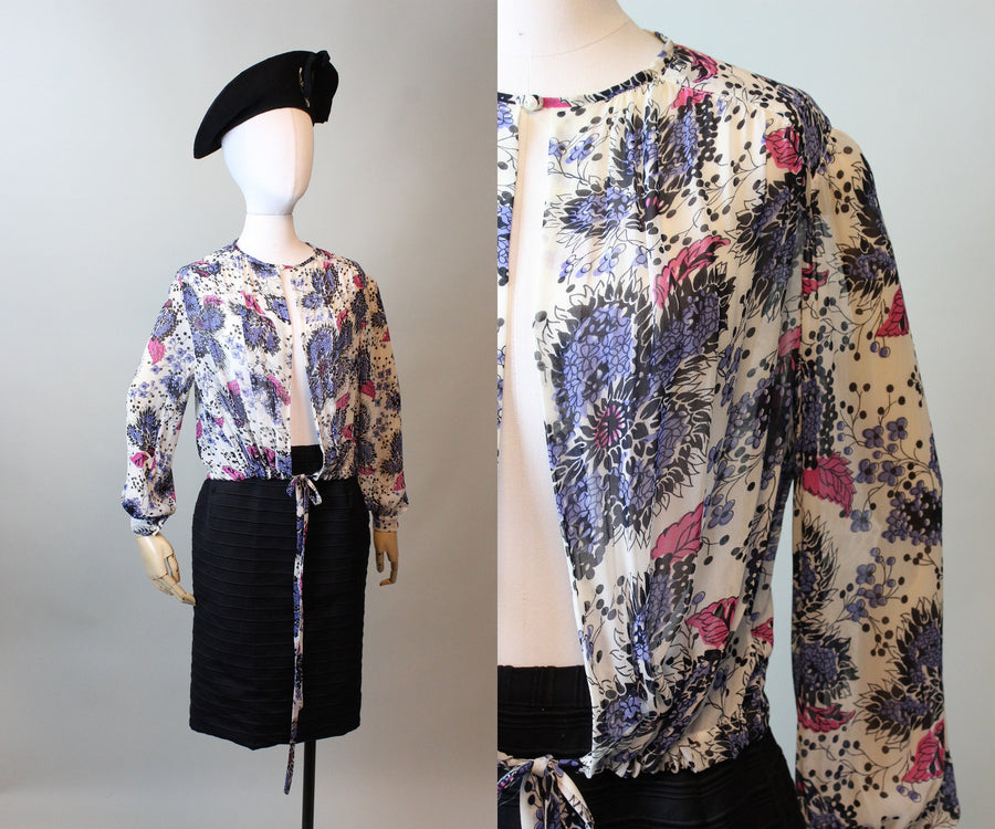 1940s SILK floral tie front blouse small medium | new fall