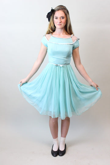 1950s SILK CHIFFON aqua blue dress xxs | new spring