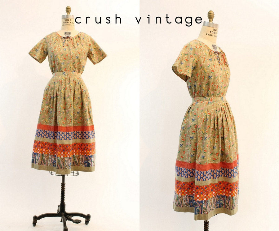 1970s cotton peasant blouse and full skirt xs | new spring summer