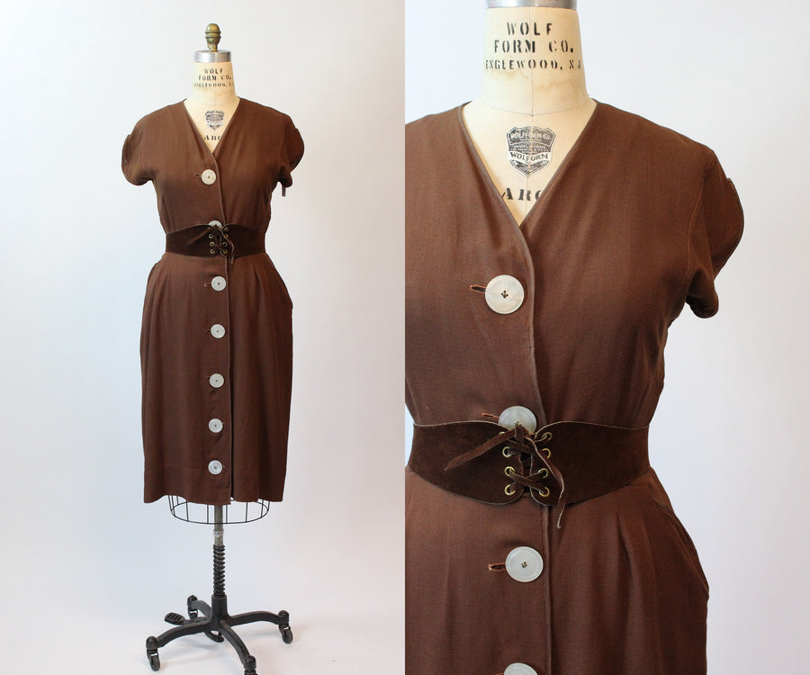 1950s chocolate LINEN BUTTON dress large | new spring summer
