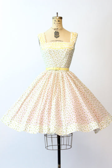 1950s YELLOW ROSE print COTTON full skirt dress xs | new spring summer