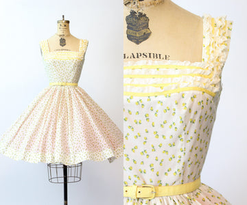 1950s YELLOW ROSE print COTTON full skirt dress xs | new spring summer