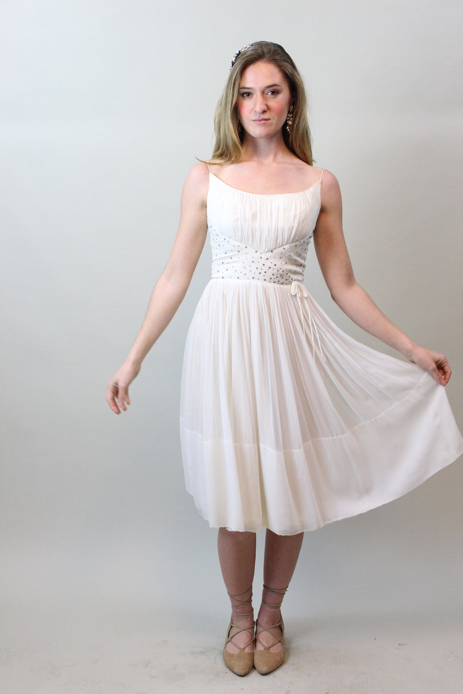 1950s 1960s RHINESTONE chiffon dress xxs | New spring summer 1950s 1960s RHINESTONE chiffon dress xxs | New spring summer
