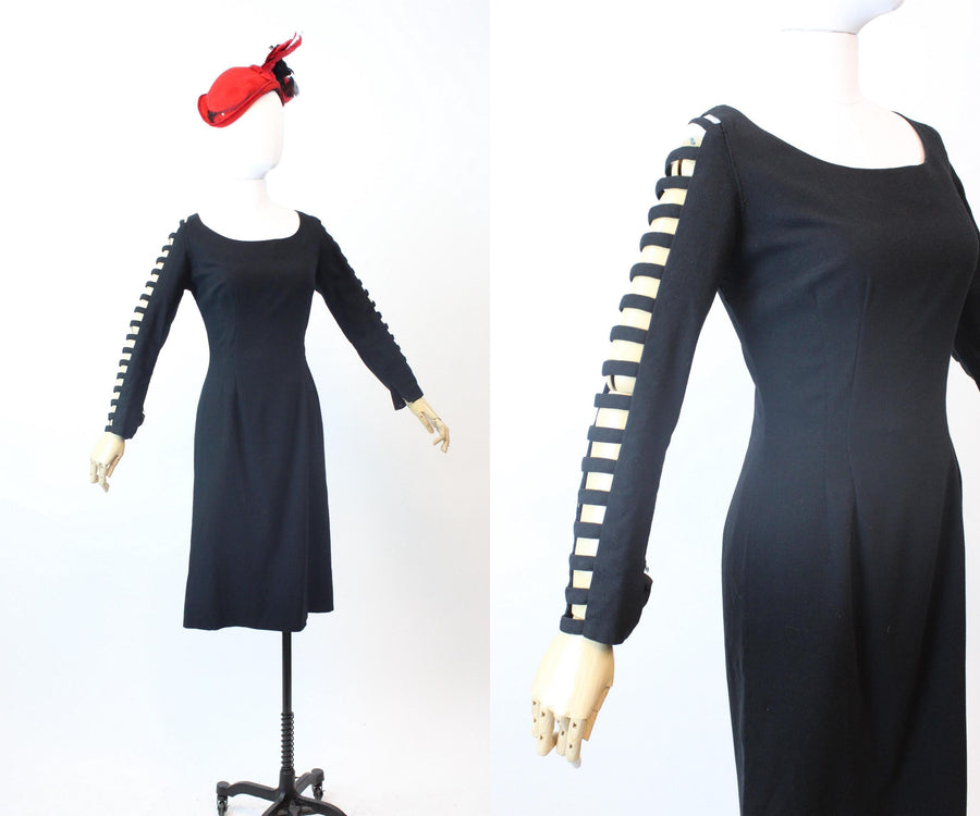 1960s LADDER SLEEVES wool fitted dress medium | new fall winter