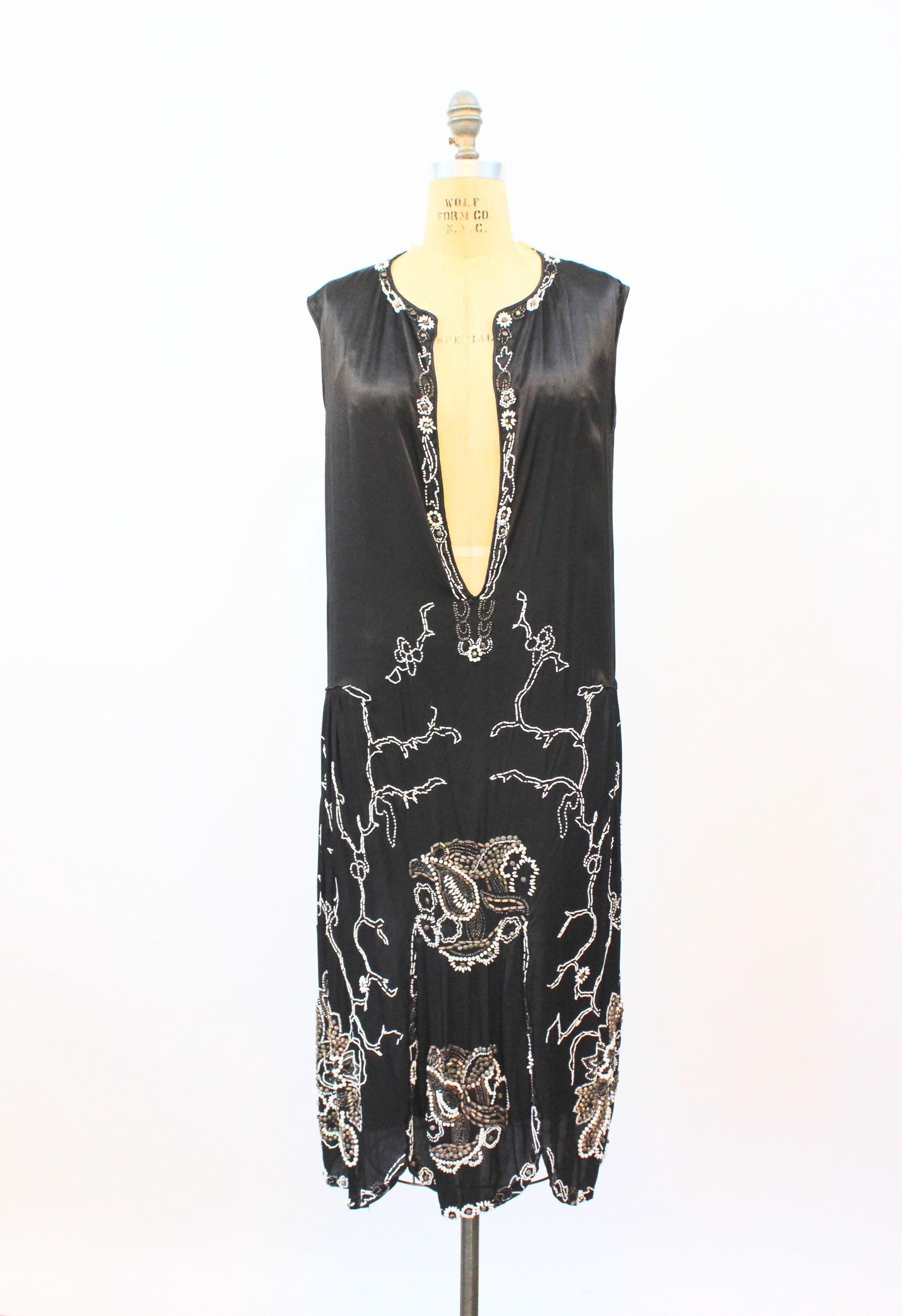 midi dress nibras gamis black dobby 1920s PRISTINE multi beaded silk dress small medium