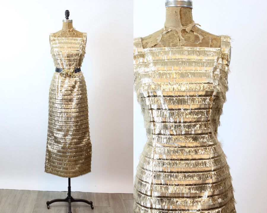 1960s LUREX FRINGE gown dress and top xs small | new fall winter