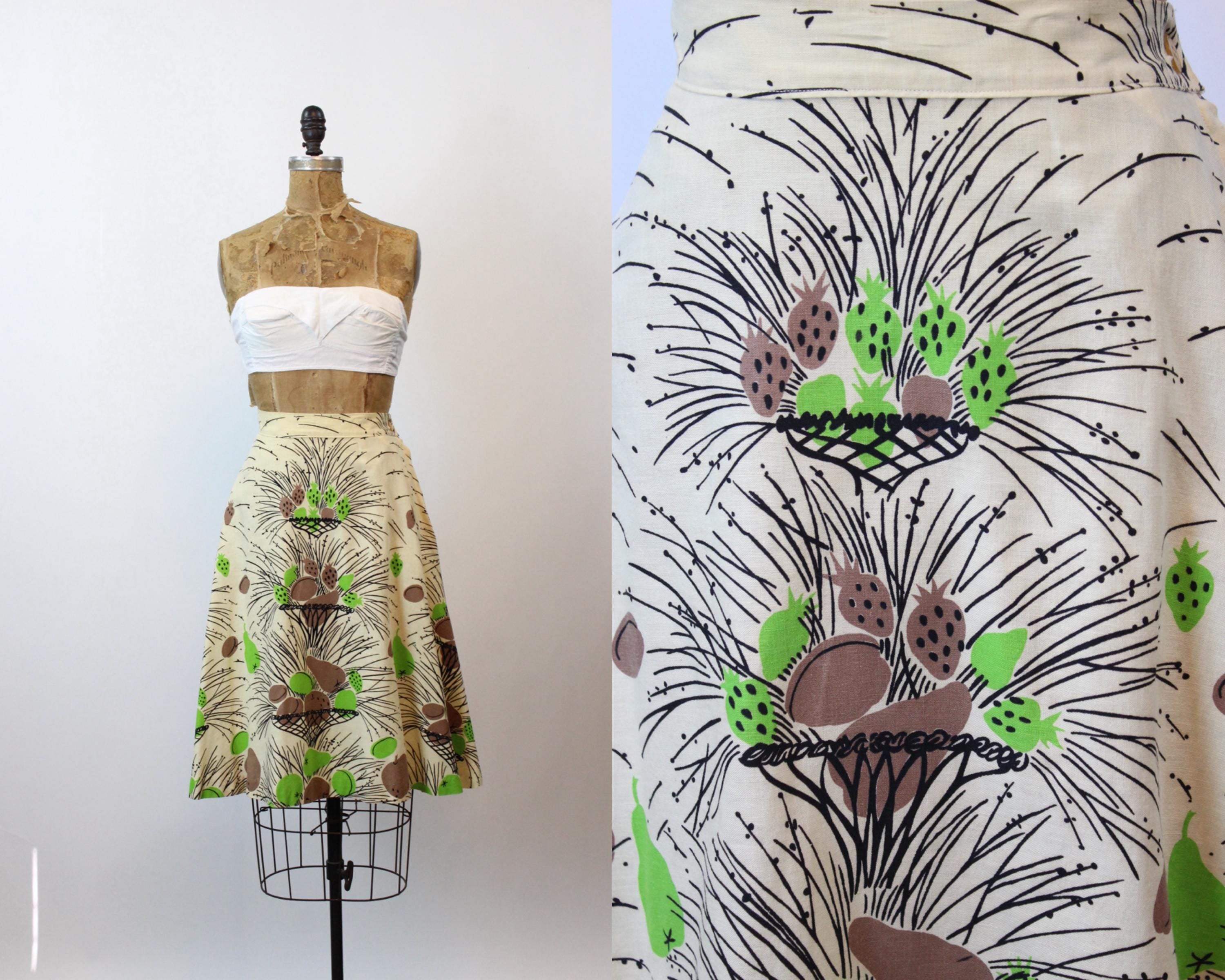 1940s FRUIT print LINEN novelty print skirt small | new spring