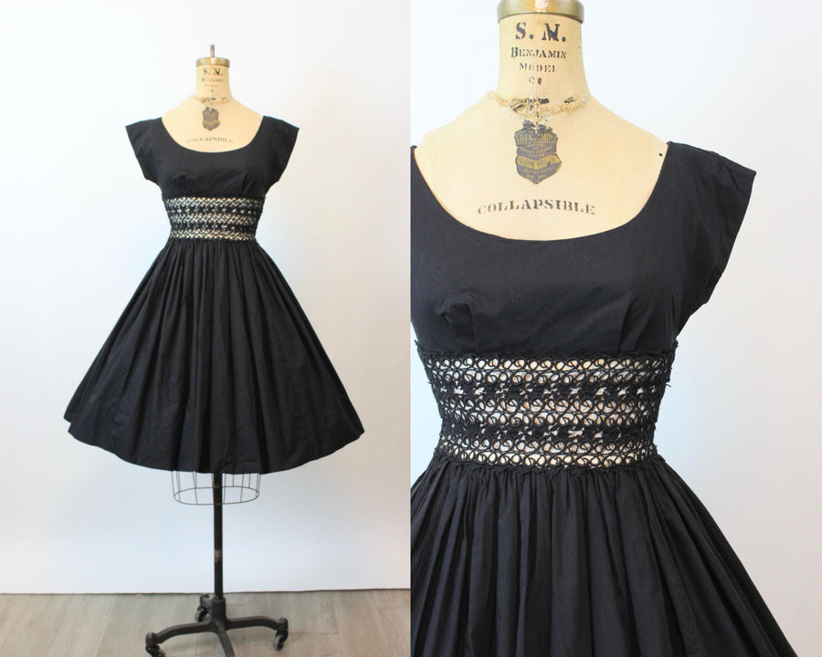 1950s BLACK lace cotton dress xs | new fall winter