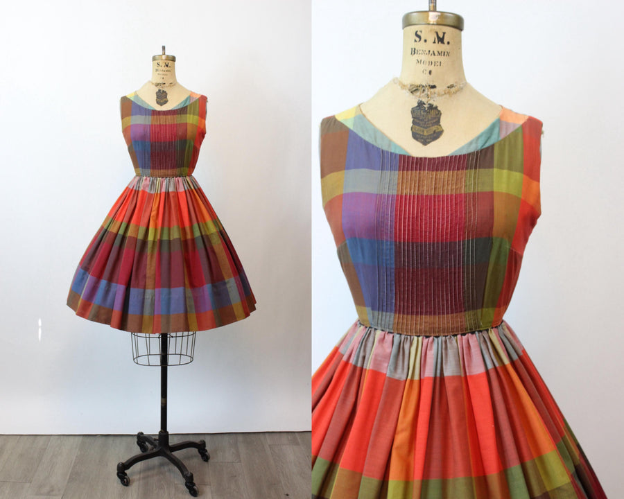 1950s PLAID cotton autumn dress small | new fall winter