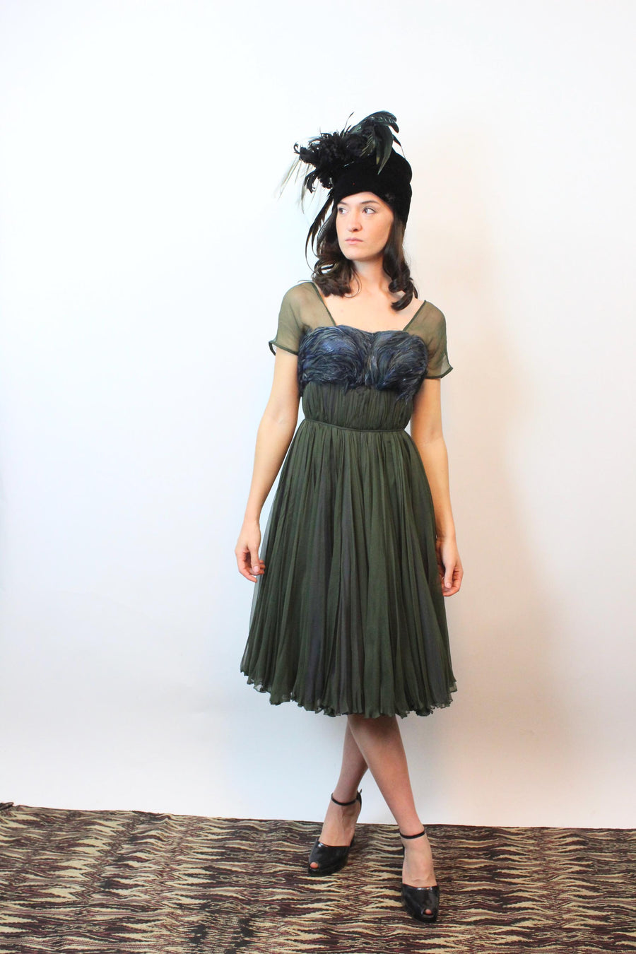 1950s GALANOS FEATHER and chiffon dress xxs | new fall winter