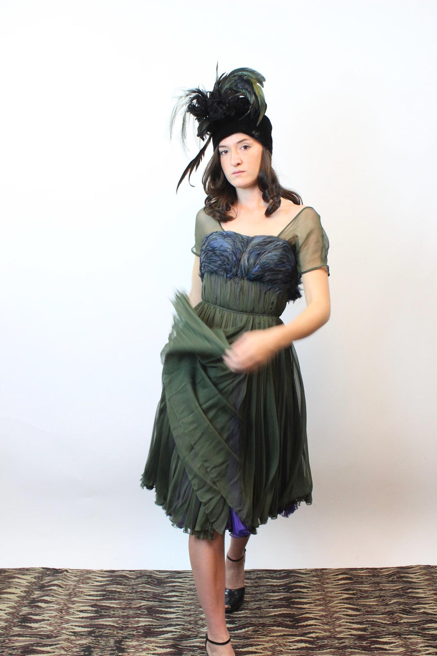 1950s GALANOS FEATHER and chiffon dress xxs | new fall winter