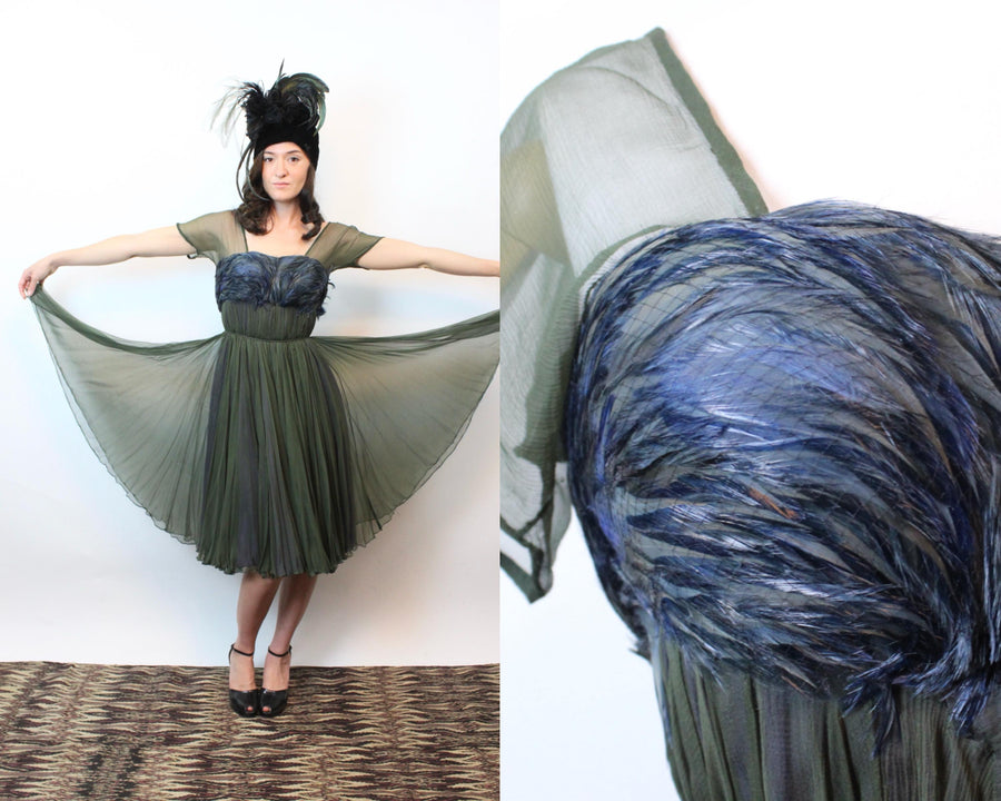1950s GALANOS FEATHER and chiffon dress xxs | new fall winter