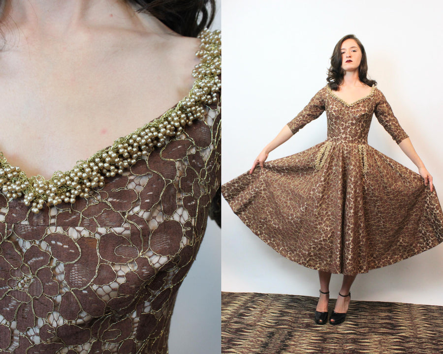 1950s PEARLS and LACE fit and flare dress xs | new fall winter