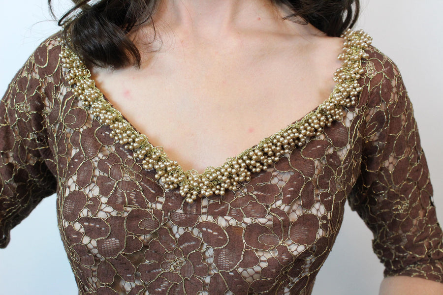 1950s PEARLS and LACE fit and flare dress xs | new fall winter