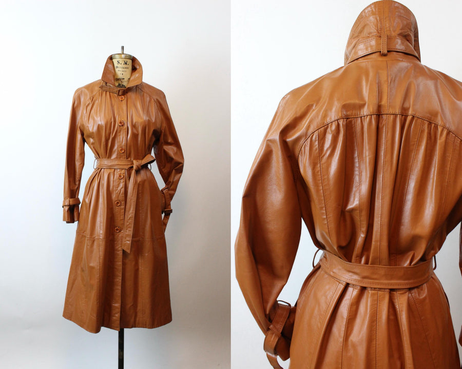 1970s CARAMEL LEATHER trench coat medium large | new fall winter