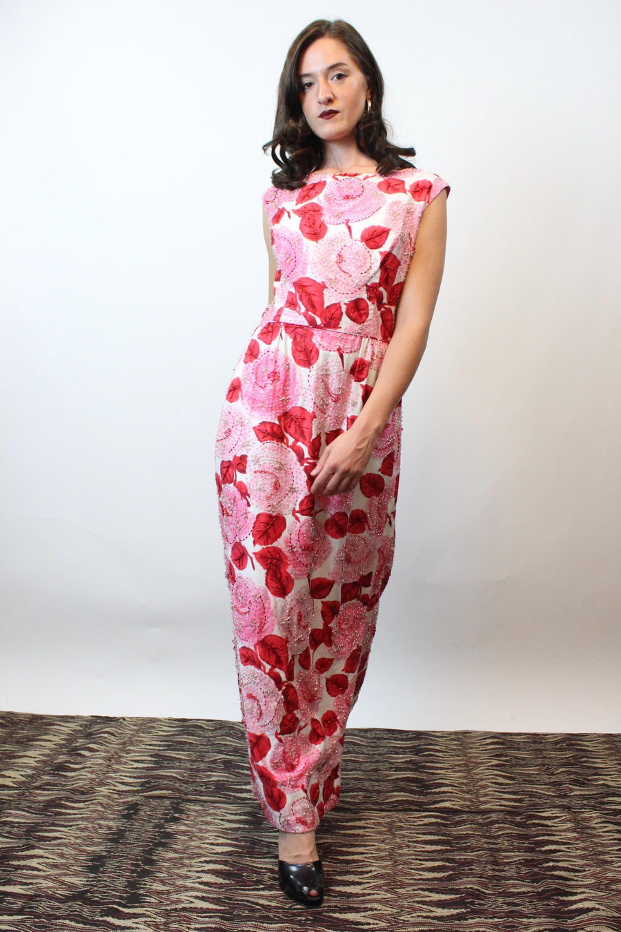 malcolm red dress Stunning 1960s Malcolm Starr Light Silk Brocade Coral Red & Gold Metal Shrimpton Couture