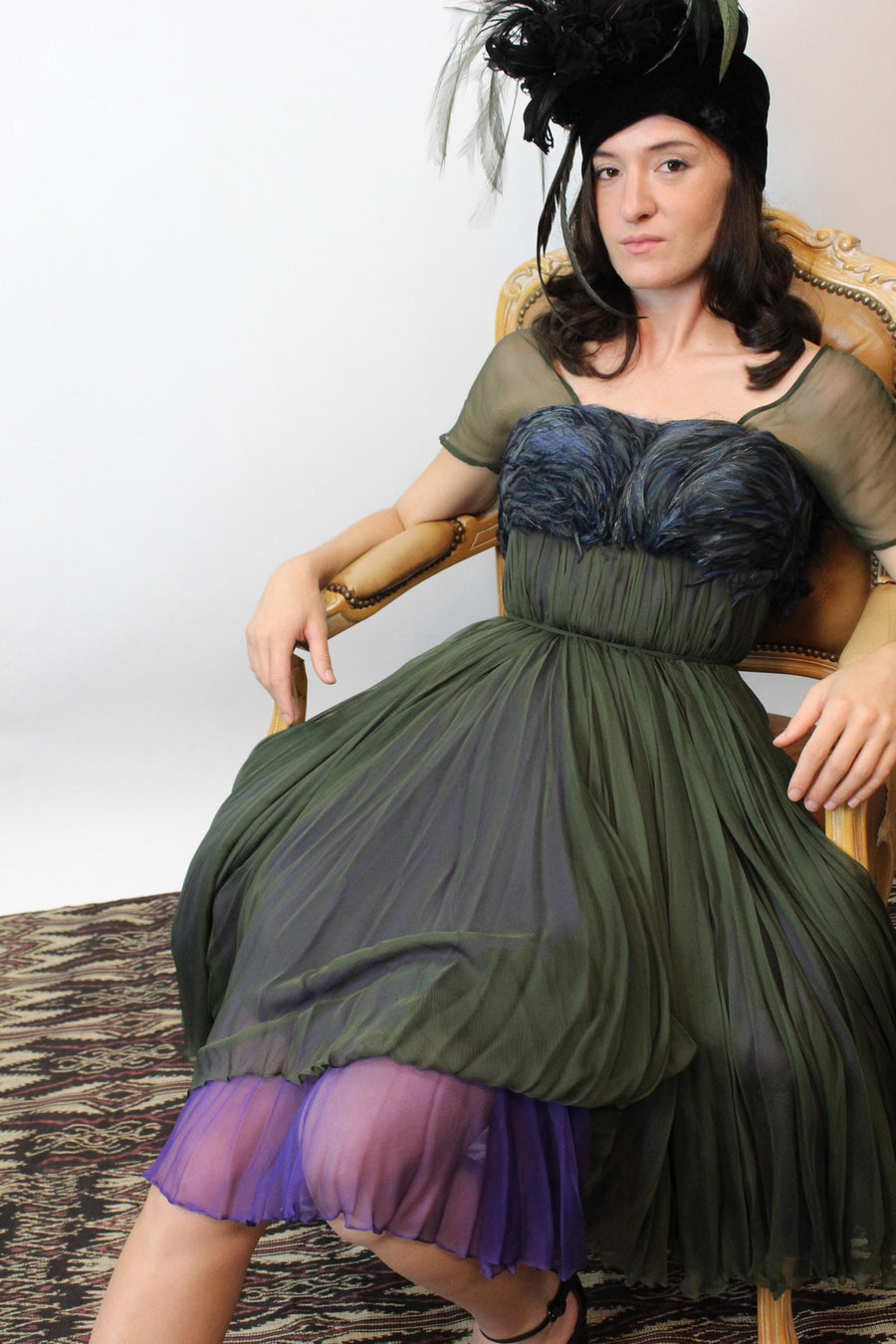 1950s GALANOS FEATHER and chiffon dress xxs | new fall winter