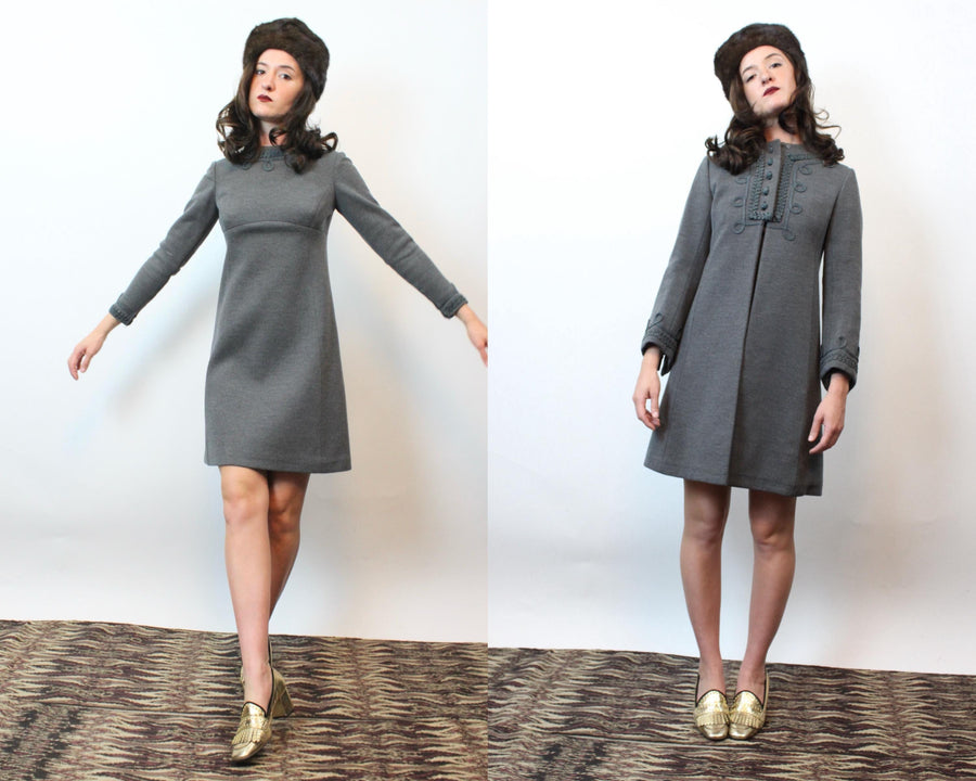 1960s GRAY soutache wool dress coat set xxs | new fall winter