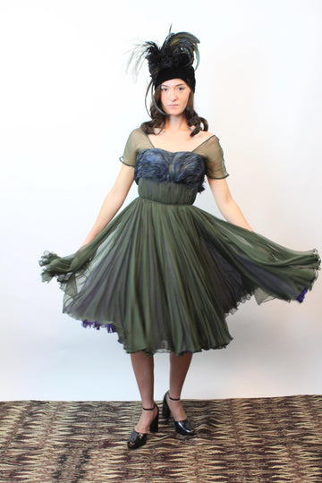 1950s GALANOS FEATHER and chiffon dress xxs | new fall winter