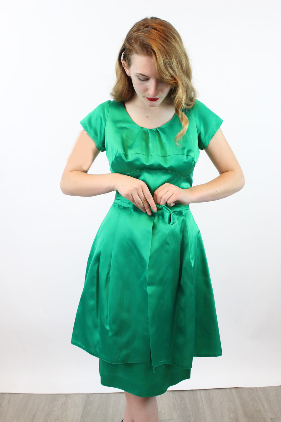 1960s MR BLACKWELL green satin dress and over skirt medium | new winter