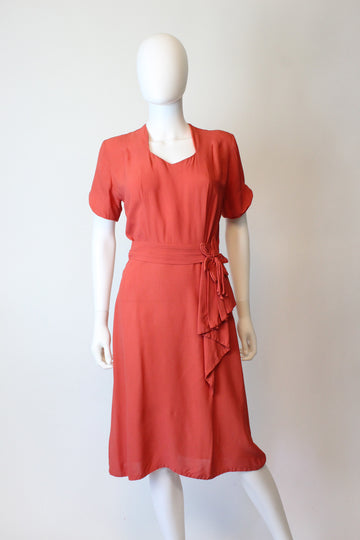 1940s TASSEL coral rayon dress small | new fall