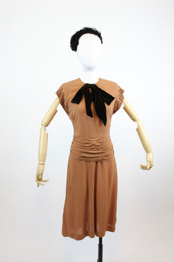 1940's rayon beaded dress butterscotch dress xs | new fall