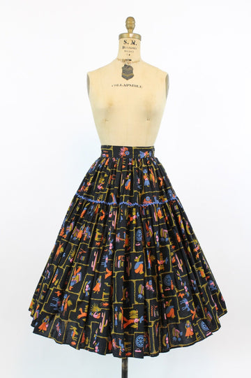 1950s novelty print skirt | vintage fiesta burro cotton full skirt | xs