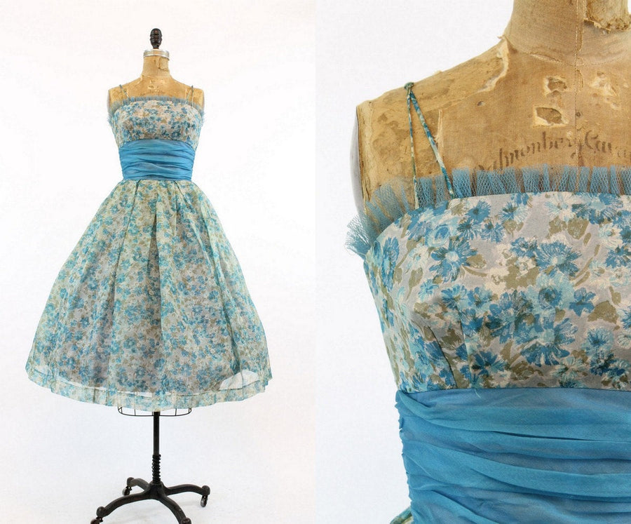1950s floral organza dress xxs | new spring summer