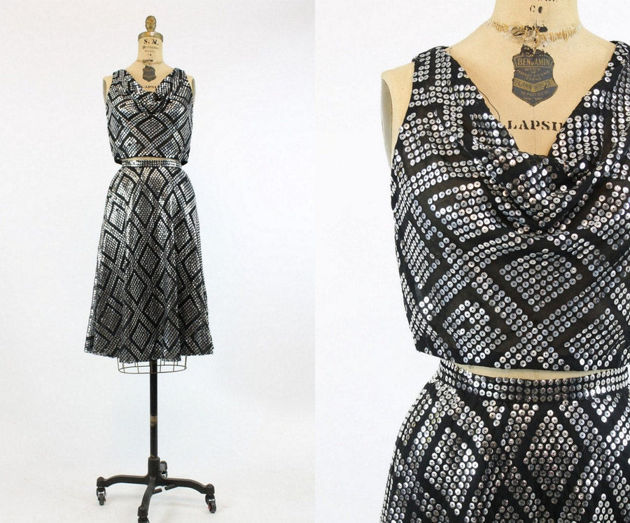 1960s sequin dress pailettes | 1960s studded draped top and skirt set | xs