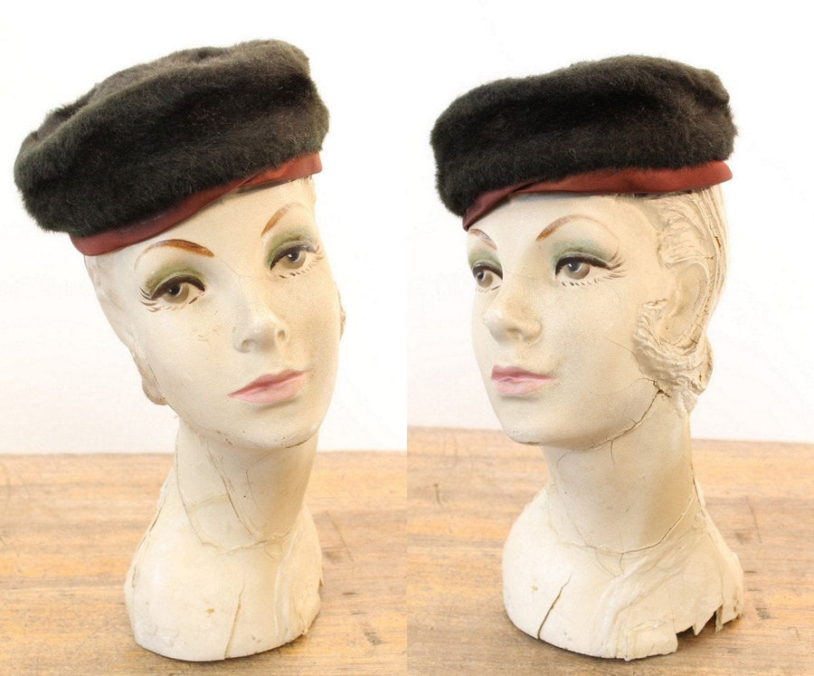 1950s faux fur vintage tilt cap black pillbox hat | new fall