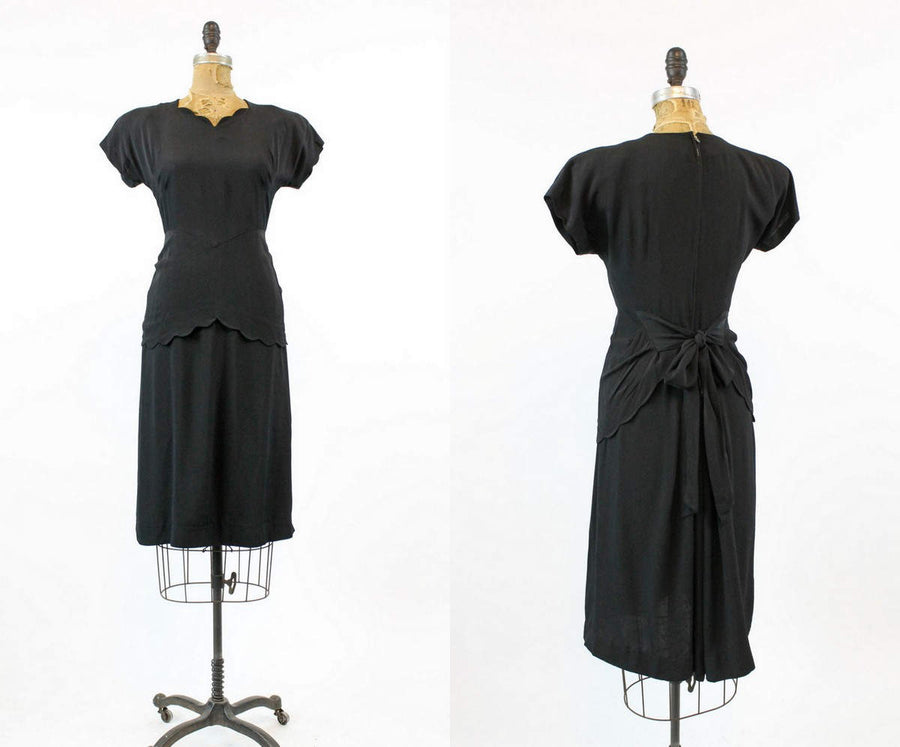 1940s scallop peplum dress xs | vintage rayon tiered skirt dress
