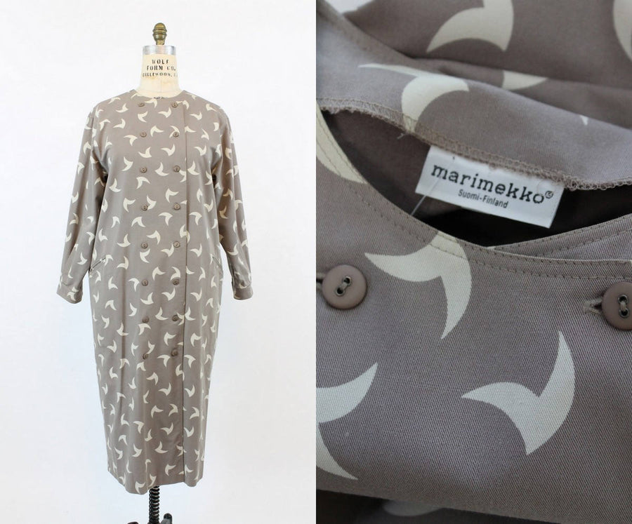 1980s Marimekko dress large | vintage cotton swallow print avant garde caftan