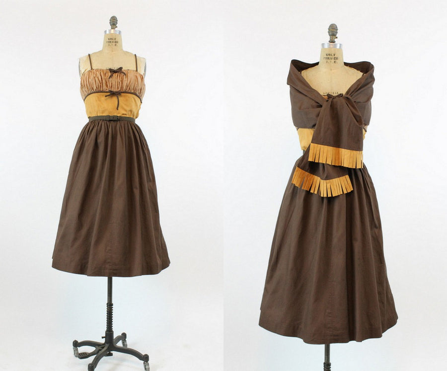 1950s cotton sun dress with fringe shawl xs | new fall