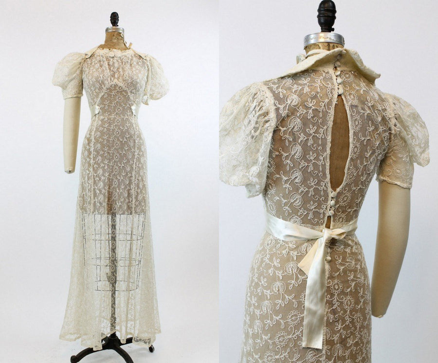 30s Wedding Dress Embroidered Mesh XS / 1930s Dress Sheer Organza / Mine Forever Bridal Gown