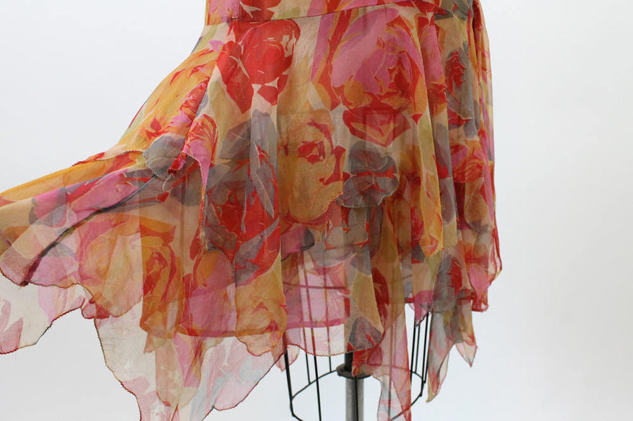 1920s rose print silk dress small medium | vintage 20s handkerchief hem