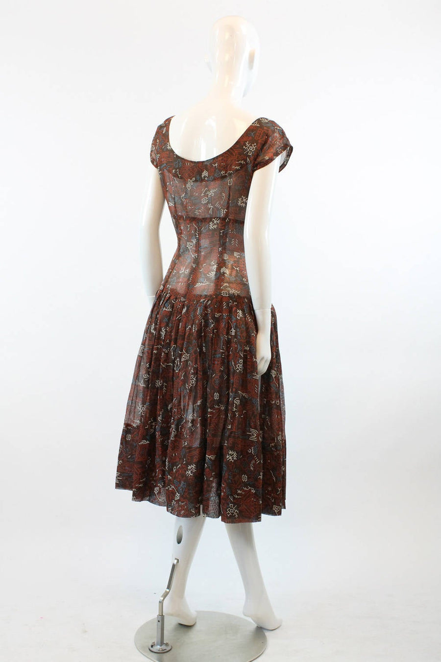 1940s tribal print dress small  | vintage cotton sheer dress